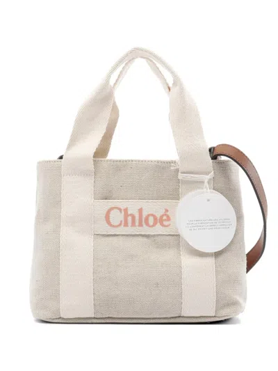 Pre-owned Chloé Woody Logo-print Tote Bag In Neutral