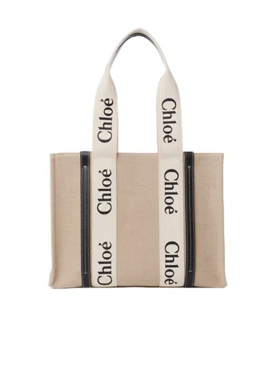 CHLOÉ CHLOÉ  WOODY MEDIUM BAG IN BEIGE CANVAS