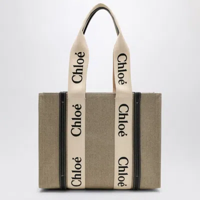 Chloé Woody Medium Bag In Beige Canvas In Blue