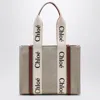 Chloé Woody Medium Bag In Beige Canvas In Sand
