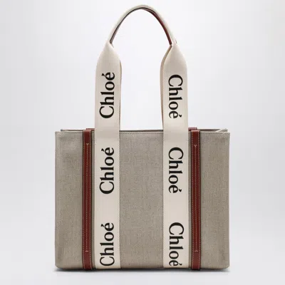 Chloé Woody Medium Bag In Beige Canvas In White