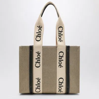 Chloé Woody Medium Bag In Beige Canvas Women In Blue