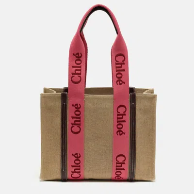 Pre-owned Chloé Woody Medium Beige/pink Canvas Tote