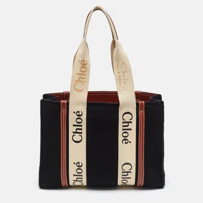 Pre-owned Chloé Woody Medium Black/beige Wool And Leather Tote