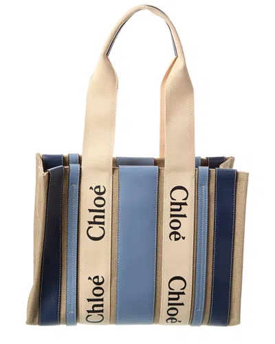Chloé Woody Medium Canvas & Leather Tote In Blue