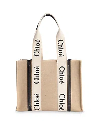Chloé Woody Medium Canvas Tote In White/blue