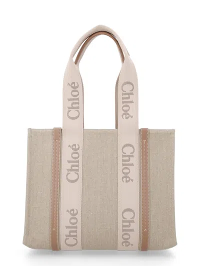 Chloé Woody Medium Leather And Webbing-trimmed Linen Tote In Brown