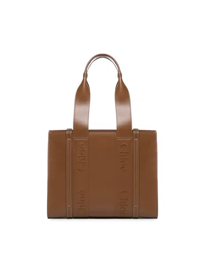 Chloé Woody Medium Leather Tote Bag In Brown