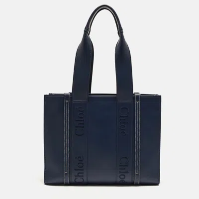 Pre-owned Chloé Woody Medium Night Blue Leather Tote