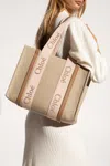 Chloé Chloe Women Multicolor Linen Medium Woody Shopping Bag In Beige