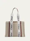Chloé Woody Medium Tote Bag In Linen In White/brown