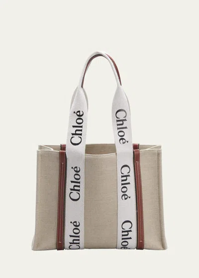 Chloé Woody Medium Tote Bag In Linen In White/brown