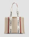 Chloé Woody Medium Tote Bag In Linen In White/brown