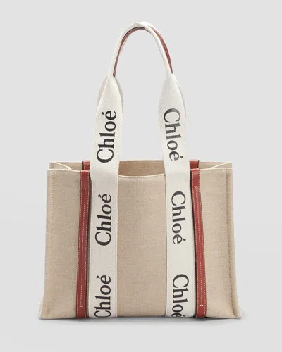 Chloé Woody Medium Tote Bag In Linen In White/brown