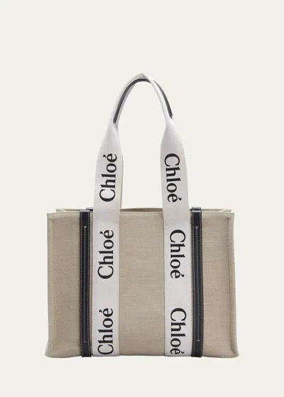 Chloé Woody Medium Tote Bag In Linen In White/navy