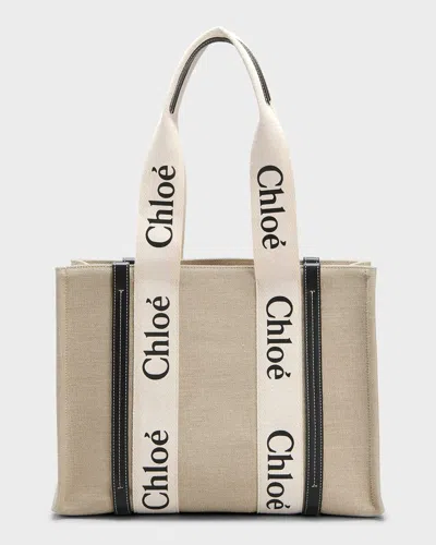 Chloé Woody Medium Tote Bag In Linen In White/navy