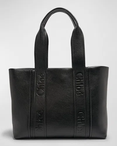 Chloé Woody Medium Tote Bag In Shiny Grained Calfskin In Black