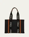 Chloé Woody Medium Tote Bag With Logo Webbing In Canvas In Black