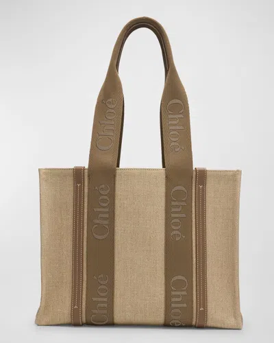 Chloé Woody Medium Tote Bag With Logo Webbing In Canvas In Neutral