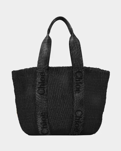 Chloé Woody Mifuko Basket Bag With Logo Webbing In Black