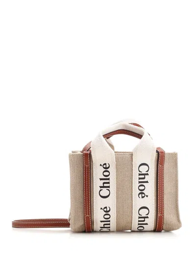 Chloé Woody Mini Linen Tote Bag Shoulder Bags Beige