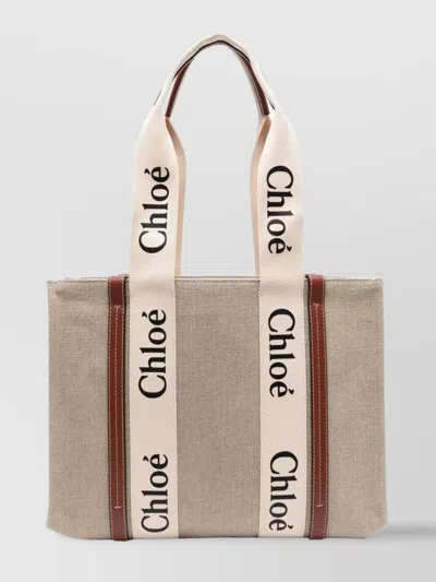Chloé "woody" Rectangular Tote Bag With Dual Handles In Neutral