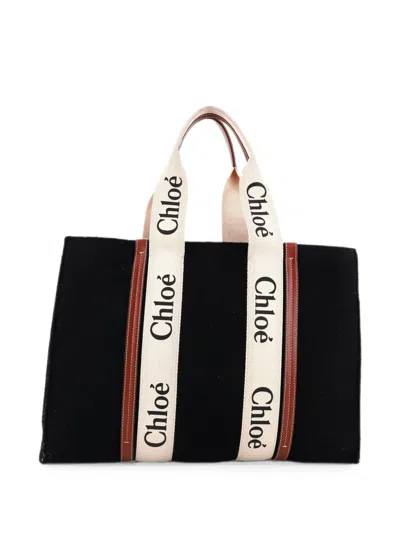 Pre-owned Chloé Woody Recycled Felt With Leather And Canvas Large Tote Bag In Black