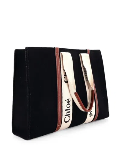 Pre-owned Chloé Woody Recycled Felt With Leather And Canvas Large Tote Bag In Black