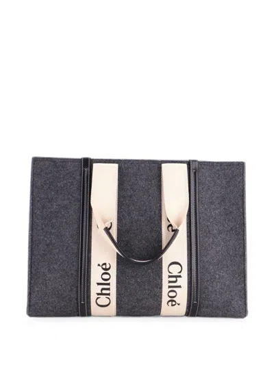 Pre-owned Chloé Woody Recycled Felt With Leather And Canvas Large Tote Bag In Black