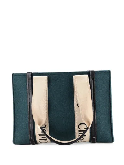 Pre-owned Chloé Woody Recycled Felt With Leather And Canvas Medium Tote Bag In Blue
