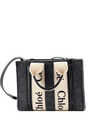 Pre-owned Chloé Woody Recycled Felt With Leather And Canvas Small Tote Bag In Black