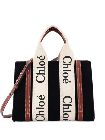 Pre-owned Chloé Woody Recycled Felt With Leather And Canvas Small Tote Bag In Black