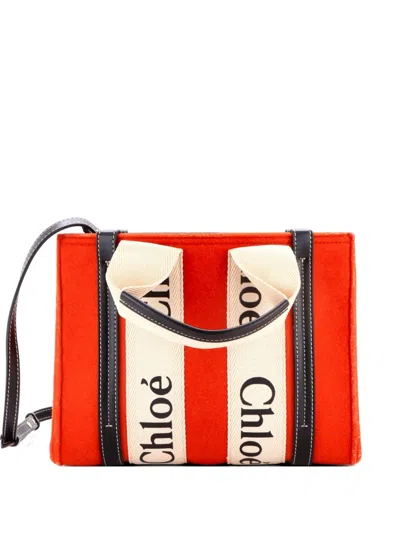 Pre-owned Chloé Woody Recycled Felt With Leather And Canvas Small Tote Bag In Blue