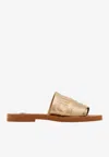 Chloé Woody Satin Sandals Embroidered Logo Rubber Sole In Gold