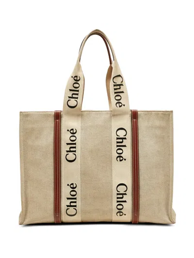 Pre-owned Chloé Woody Ribbon Tote Bag In Neutral
