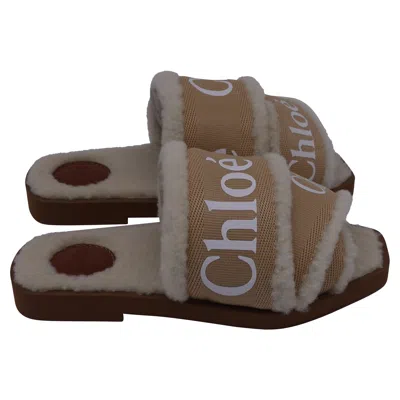 Chloé Chloe Woody Shearling Flat Slides In Beige Canvas In Sand