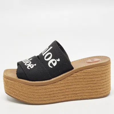 Pre-owned Chloé Woody Size 36 Black Canvas Wedge Espadrille Sandals