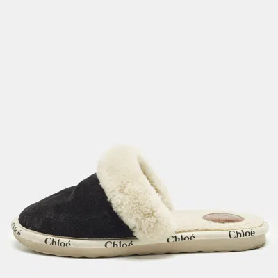Pre-owned Chloé Woody Size 36 Black/cream Shearling Mules