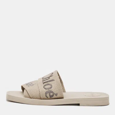 Pre-owned Chloé Woody Size 37 Beige Canvas Flat Slide In Sand