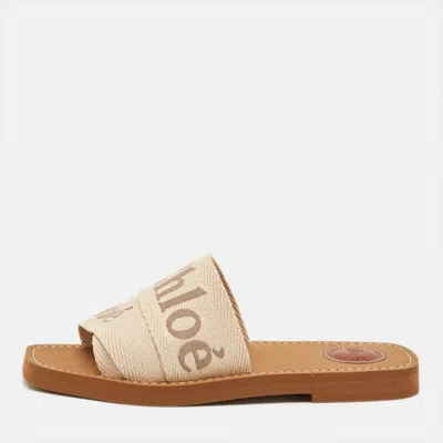 Pre-owned Chloé Woody Size 37 Beige Canvas Flat Slides In Sand