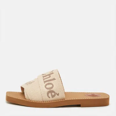 Pre-owned Chloé Woody Size 38 Beige Canvas Flat Slides In Sand