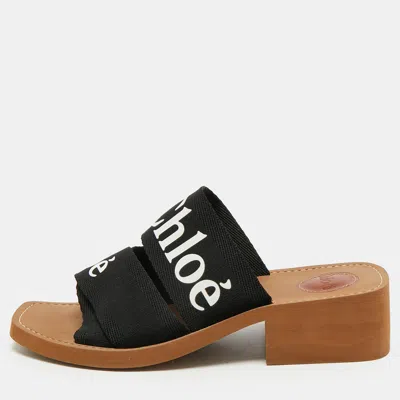 Pre-owned Chloé Woody Size 38 Black Canvas Logo Print Flat Slide