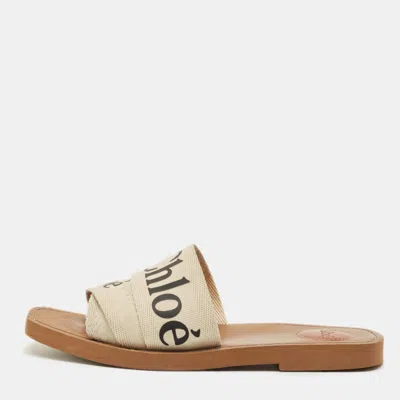 Pre-owned Chloé Woody Size 38 White Canvas Flat Slide