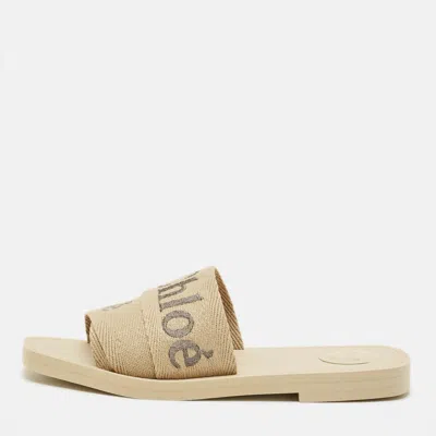 Pre-owned Chloé Woody Size 39 Beige Canvas Flat Slides In Sand