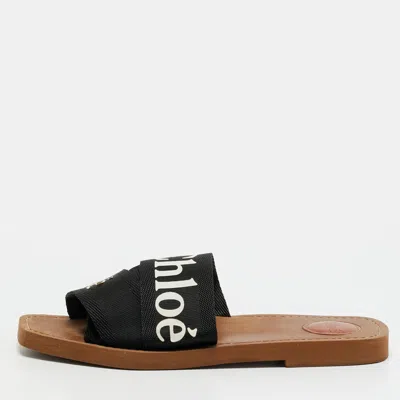 Pre-owned Chloé Woody Size 39 Black Canvas Logo Print Flat Slide