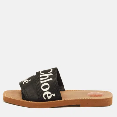 Pre-owned Chloé Woody Size 39 Black Canvas Logo Print Flat Slide