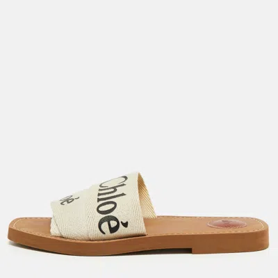 Pre-owned Chloé Woody Size 39 Cream Canvas Flat Slide In White