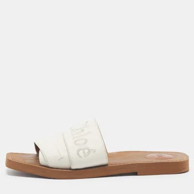 Pre-owned Chloé Woody Size 39 White Leather Logo Embroidered Flat Slide