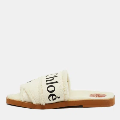 Pre-owned Chloé Woody Size 40 Cream Canvas And Shearling Fur Flat Slide In White