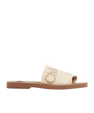 Chloé X High Summer Woody Embroidered Logo Flat Sandals In Neutral